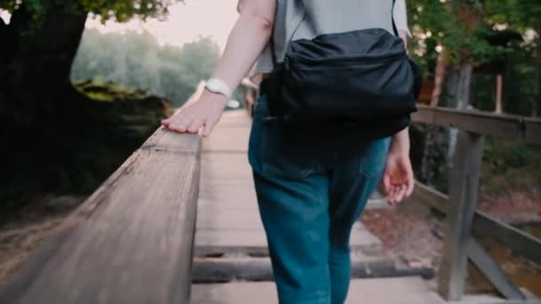 Young girl walking on wooden bridge. Tourism and travel — Stock Video