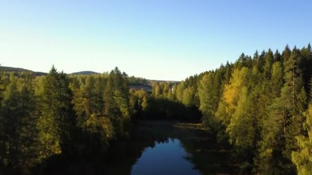Vista aérea del lago al atardecer. Paisaje noruego sobrevolando el lago y el bosque — Vídeo de stock