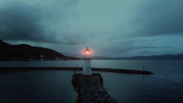 Aerial Drone moving all around of lighthouse in Norway waterscape Landscape — Stock Video