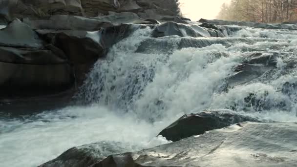 Razende rivier van de berg. Wildheid schoon, helder water in de rivier van de berg. Slow Motion — Stockvideo