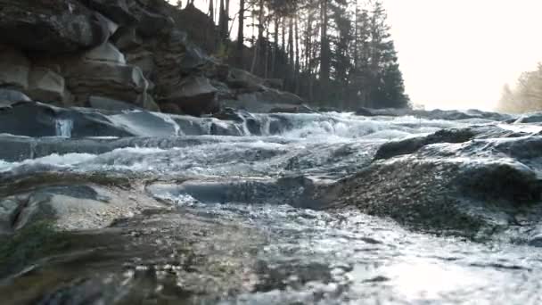 Azgın dağ nehir. Vahşilik temiz, temiz su dağ nehir. Ağır çekim — Stok video