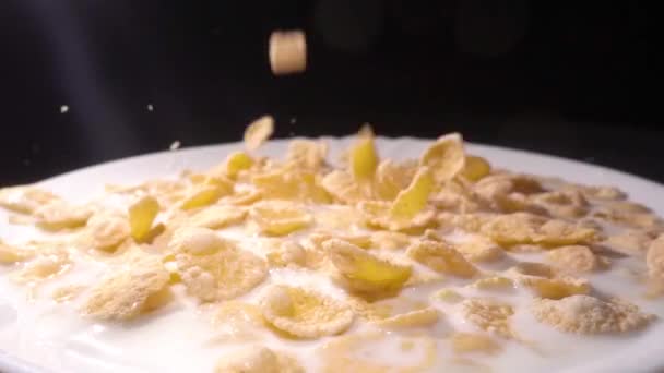Gelbe Cornflakes fallen in einen weißen Teller mit Blütenmuster am Rand und werden mit Milch gefüllt. Nahaufnahme. — Stockvideo