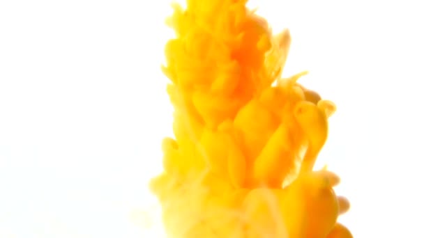 Gelbe Tinte langsam in Wasser auf weißem Hintergrund gegossen — Stockvideo