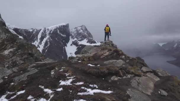 Antenn bilder av manliga vandrare på Bergs topp med utsikt över vackra Lofoten öar landskap i natur sköna, skärgård Norge, — Stockvideo