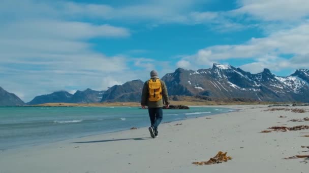 Wandelaar dragen groene jas lopen op afgelegen zandstrand met gele rugzak met grote bergen en brekende golven op de achtergrond, Lofoten eilanden Noorwegen — Stockvideo