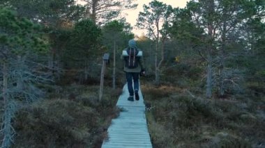 Yürüyüş adam yokuş yukarı yürüyor. Yaz aylarında bir iz üzerinde açık havada yürüyüş erkek turist trekking. Güzel yaz günbatımı. Sırt çantası ile Hiker Man yürüyüş. Hiker adam