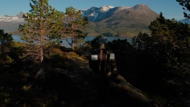 Wędrówki człowiek chodzenie pod górę. Male turystyczne Trekking pieszo na zewnątrz na szlaku w lecie. Piękny letni zachód słońca. Hiker Man turystyka z plecaka. Człowiek Hiker — Wideo stockowe