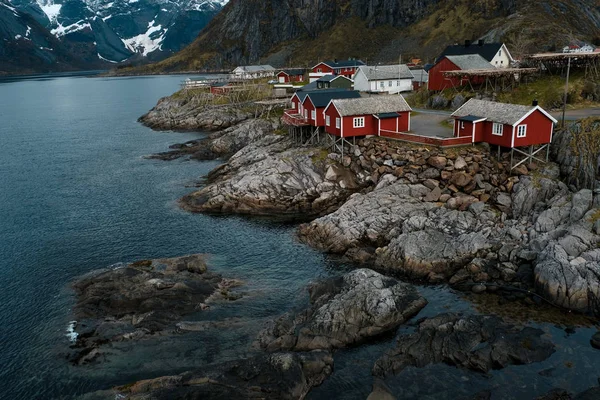 Cabañas de pesca típicas de rorbu rojo con techo de césped en las islas Lofoten en Noruega — Foto de Stock