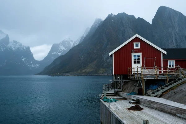 Tyypillisiä punaisia rorbu-kalastusmajoja, joissa on soijakatto Lofoten-saarilla Norjassa — kuvapankkivalokuva