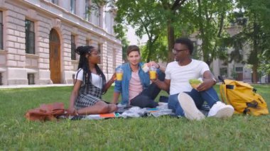 parkta rahatlatıcı hamburger ile çok ırklı öğrenciler