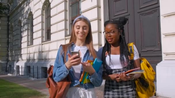 Außenporträt zweier multinationaler Freundinnen. Mädchen gehen im Sommer im Park spazieren. Studentenleben, Freundschaftskonzept — Stockvideo