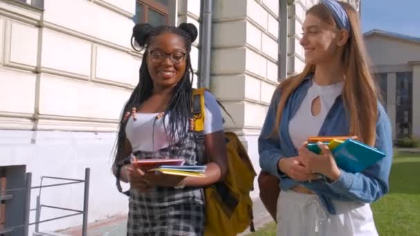 Lányok séta a parkban a nyár. Diák életmód, barátság koncepció — Stock videók