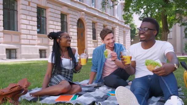 Multietniska studenter med hamburgare koppla av i parken — Stockvideo