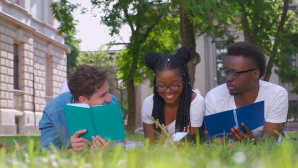 Трое студентов вместе читают заметки на улице, сидя на траве. — стоковое видео