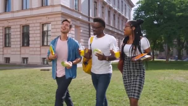 Trois jeunes gens multiethniques affamés discutent, déjeunent et mangent de la nourriture à emporter tout en se tenant debout en plein air pendant la journée ensoleillée d'automne. Se faire des amis, se réunir concept de réunion — Video