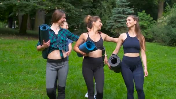 Grupo de cinco mujeres sonrientes activas que van a hacer ejercicio, sosteniendo colchonetas de yoga en la mañana de verano en el parque. Estilo de vida activo concepto de fitness franco. Movimiento dinámico. Deporte y saludable . — Vídeo de stock