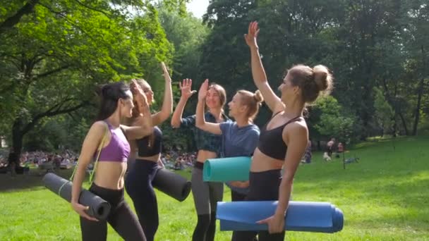 Group of women friends putting their hands together in the park after morning training outdoor. Active lifestyle candid fitness teamwork concept. — Stock Video