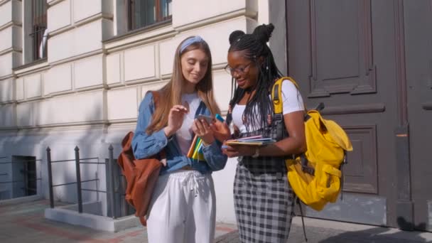 Vista frontale di due bellissimi studenti di discendenza africana ed europea, in piedi insieme. Le donne studiano insieme in una lussuosa scuola internazionale e mantengono relazioni amichevoli . — Video Stock