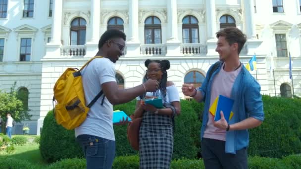 Éxito, amistad y concepto internacional - grupo de amigos sonrientes felices haciendo chocar los cinco — Vídeos de Stock