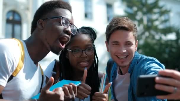 Happy multirasistiska vänner grupp tar Selfie med mobil smart telefon-Young hipster människor beroende av smartphone på sociala nätverk gemenskapen-Lifestyle teknik Concept — Stockvideo