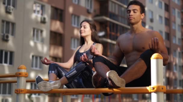 Mladý aktivní fitness pár cvičení jóga pózování a meditace pro dlouhý a zdravý život — Stock video