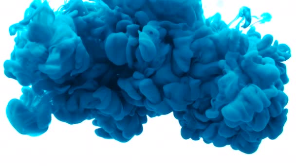Mavi renkli boya mürekkemi kopya alanı ile su yavaş hareket video damlaları. Suyun altında dönen mürekkep bulutu. Soyut izole duman patlaması — Stok video