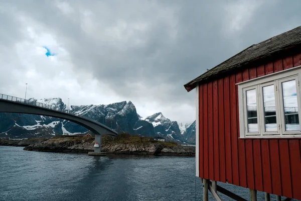 Tyypillisiä punaisia rorbu-kalastusmajoja, joissa on soijakatto Lofoten-saarilla Norjassa — kuvapankkivalokuva