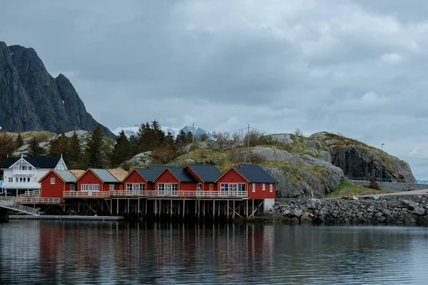 Tyypillisiä punaisia rorbu-kalastusmajoja, joissa on soijakatto Lofoten-saarilla Norjassa — kuvapankkivalokuva