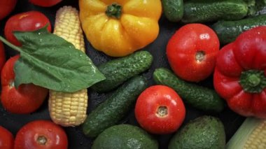 Çok renkli taze sebzeler: kabak, domates, salatalık, dolmalık biber, mısır, su damlacıkları. Dönen arkaplan