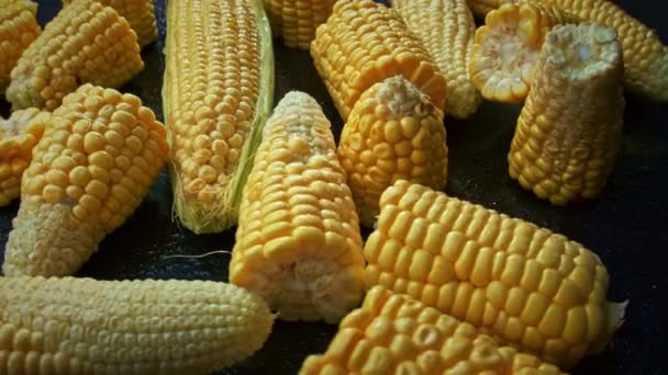 Mazorcas de maíz dulce fresco sobre fondo negro girando de cerca. — Vídeos de Stock