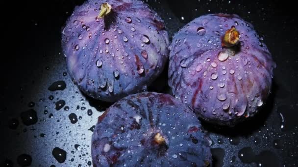 Hermoso azul violeta higos frescos sobre fondo negro. — Vídeos de Stock