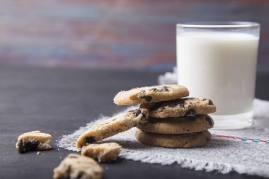 Çikolatalı kurabiye yığını ve bardak süt