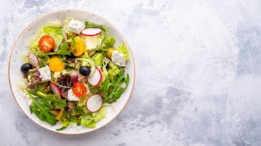 Taze sebzeli diyet salatası, marul, roka ve peynir tabakta. Metin alanı, üst görünüm