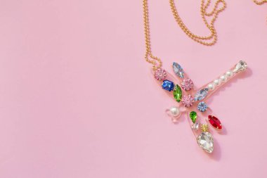 Kolye yusufçuğu pembe arka planda izole edilmiş. Kopyalama. Üst görünüm