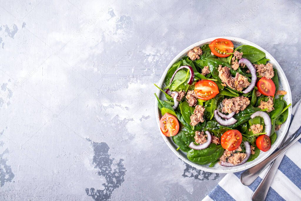 Tuna salad with tomatoes, red onion and spinach on a plate.  Top view, text space