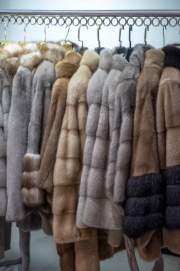 Mağazadaki askılarda vizon kürkler. Kadın modası