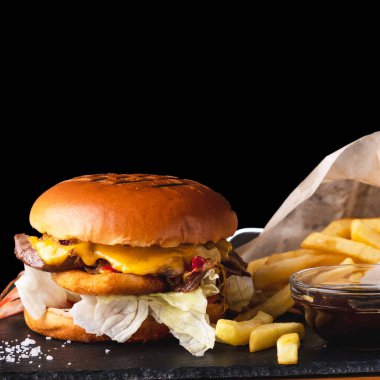 Patates kızartması ve kırmızı sosla servis edilen ördek etli hamburger. Boşluğu kopyala