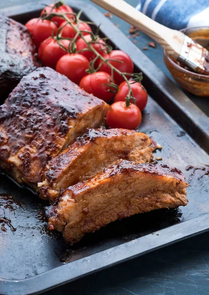 Grilled Pork Ribs Baked Cherry Tomatoes Tray Baked Meat — Stock Photo, Image