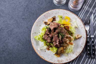 Sebzeli ızgara et. Lezzetli sığır salatası. Üst Manzara. Kopyalama alanı