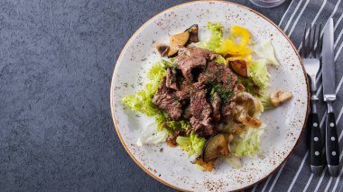 Sebzeli dana rostosu. Lezzetli sığır salatası. Üst Manzara. Kopyalama alanı