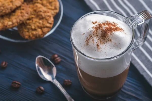 Glass Cup Coffee Latte Wooden Table Toned Photo — Stock Photo, Image