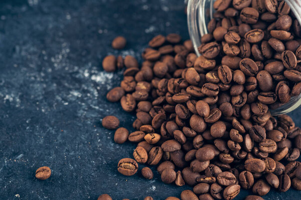  Coffee beans in glass jar . Copy space. 