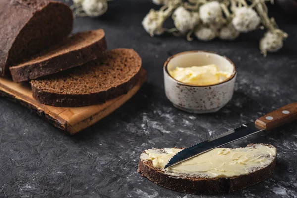 Sliced Bread Butter Dark Background — Stock Photo, Image
