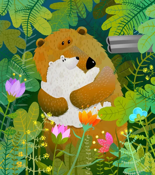 Killing animals in the wild. Mother bear hiding in the forest. Vector cartoon.