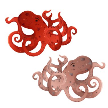 Ahtapot ve beyaz Ay'da. Grafik illüstrasyon sualtı yaratık ve çiçekler ve ay. Vektör tasarımı.