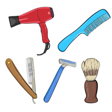 Icon set izole Kuaför iş araçları ve erkek saç modelleri ile berber