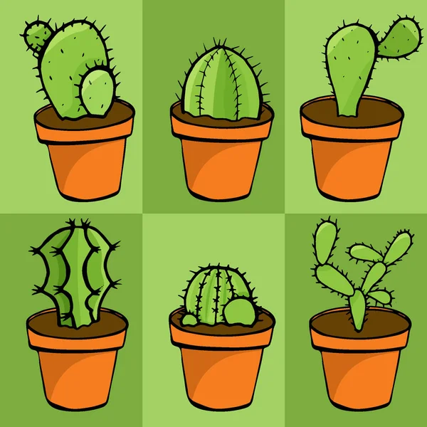 De pictogrammen van de cactus in een vlakke stijl op een groene achtergrond. De cactus van binnenlandse planten in potten. Allerlei decoratieve cactus met Doorn en zonder. — Stockvector