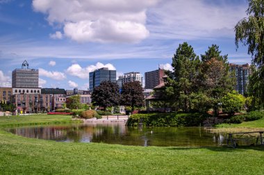 Barrie, Ontario, Kanada - 2019 08 25: Barrie, Ontario, Kanada 'daki Heritage Park' taki gölette yaz manzarası