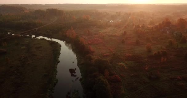 Luchtfoto. Panoramisch herfst landschap. Het schilderachtige landschap met rivier, bomen en veld. Ochtend mist. Luchtfoto camera geschoten. Altaj, Siberië. — Stockvideo