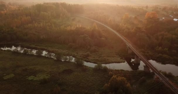 Légifelvételek. Panorámás őszi táj. A festői táj, folyó, a fák, a mezőt. Reggel köd. Légi kamera felvétel. Altáj, Siberia. — Stock videók